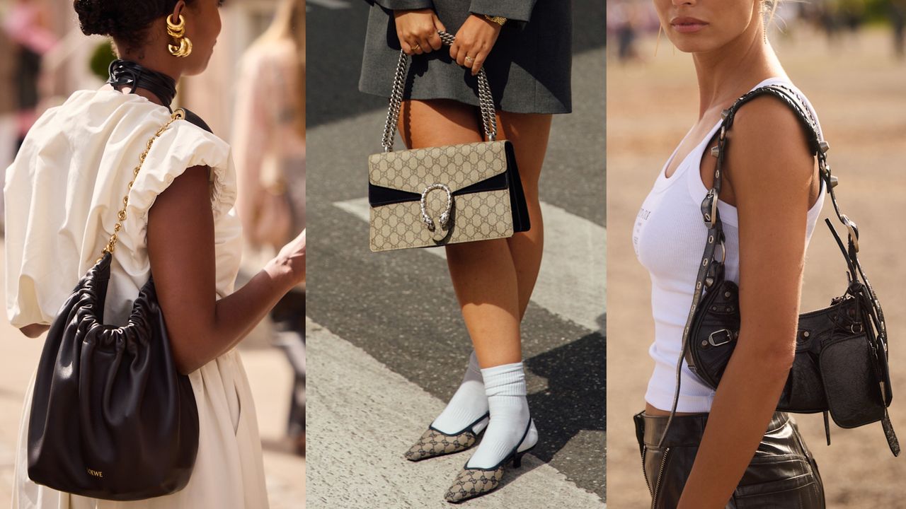 collage of women wearing shoulder bags 