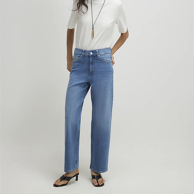Blue Slim Straight Leg Cropped Jeans on model