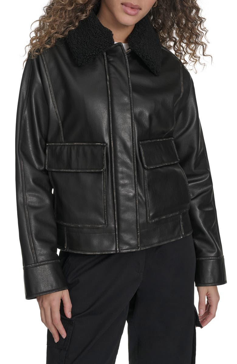 Faux Leather Aviator Jacket With High Pile Fleece Collar