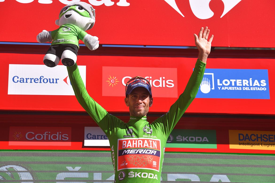 Vincenzo Nibali in the green points jersey after stage 3 of the Vuelta a Espa&ntilde;a