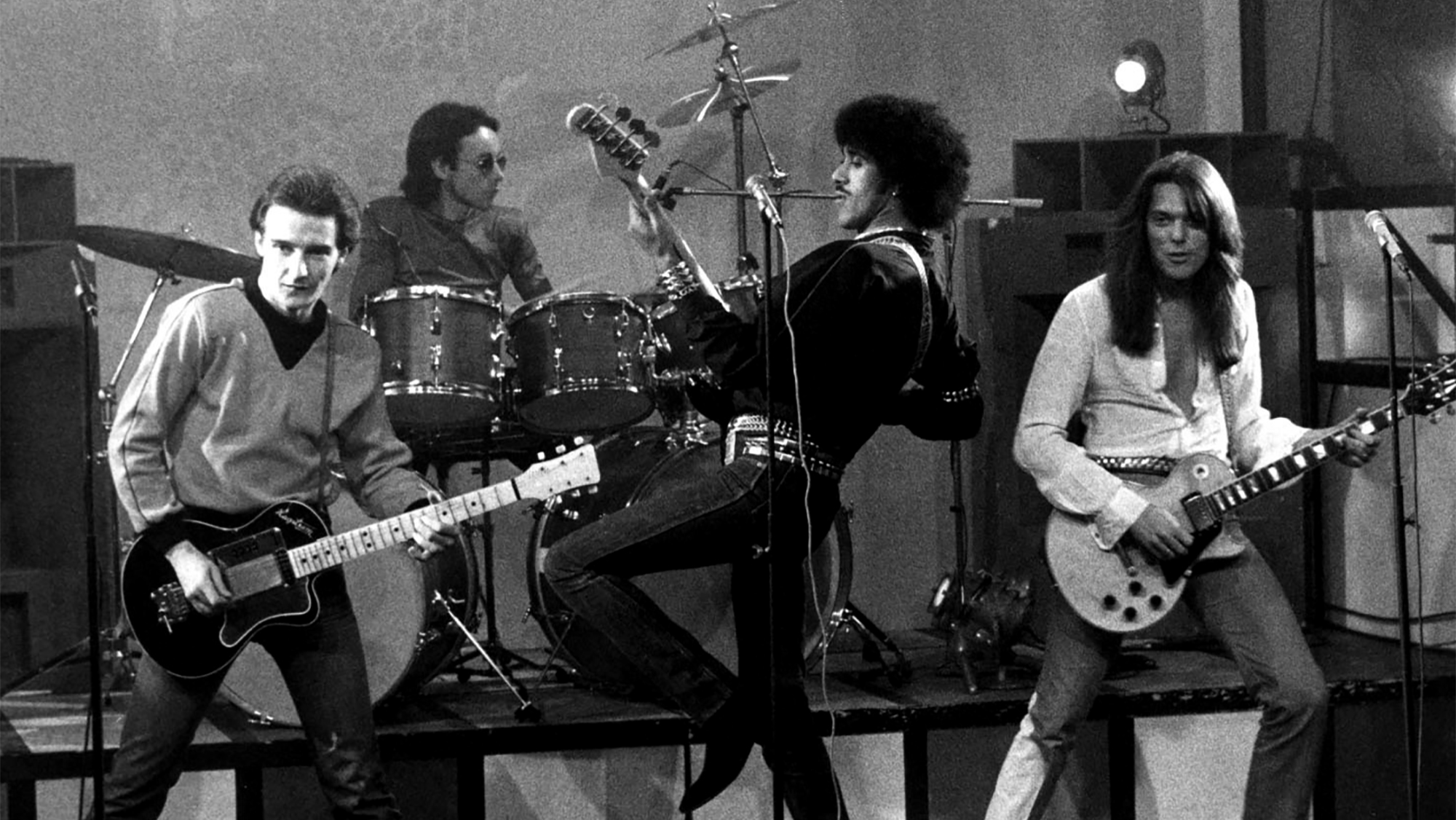 Thin Lizzy in Germany, 1979. (from left) Midge Ure, Brian Downey, Phil Lynott and Scott Gorham