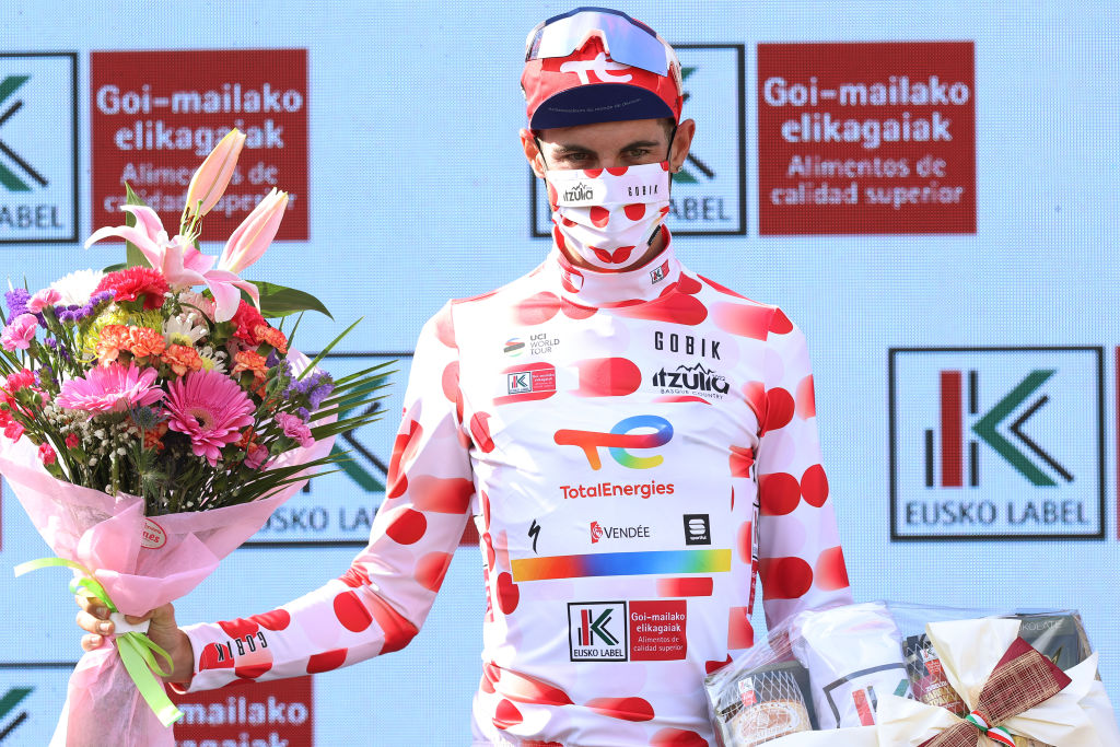 AMURRIO SPAIN APRIL 06 Cristian Rodrguez Martin of Spain and Team Total Energies celebrates at podium as Polka Dot Mountain Jersey winner during the 61st Itzulia Basque Country 2022 Stage 3 a 1817km stage from Llodio to Amurrio itzulia WorldTour on April 06 2022 in Amurrio Spain Photo by Gonzalo Arroyo MorenoGetty Images