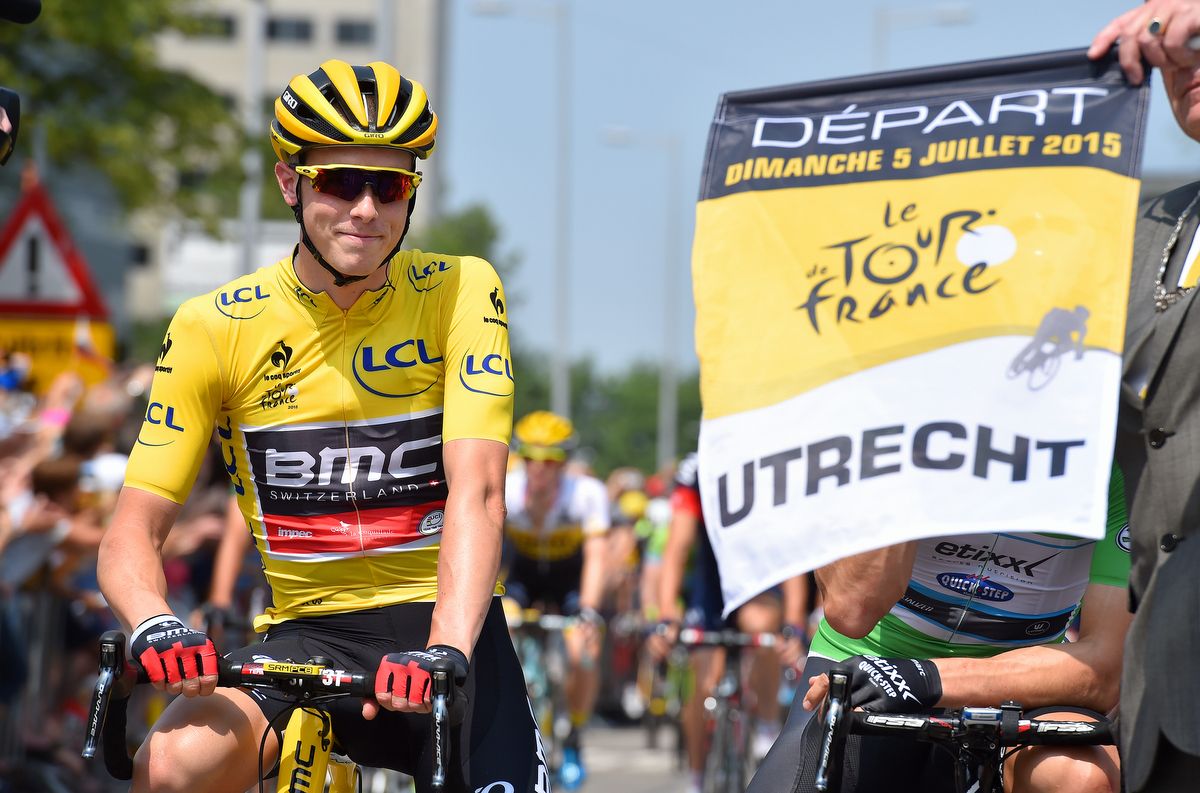 Rohan Dennis in the first yellow jersey of the 2015 Tour de France ready to roll out of Utrecht for the start of stage 2