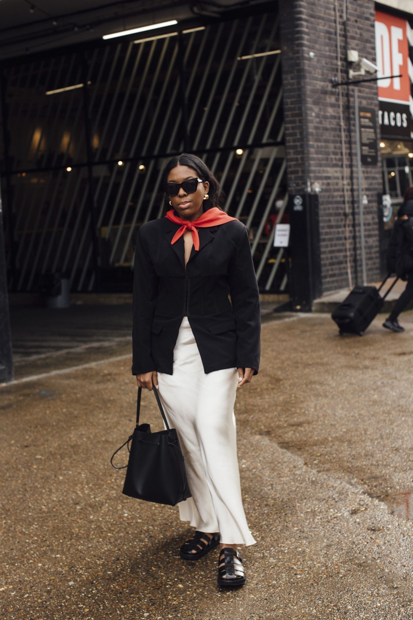 Silk skirt and blazer outfit