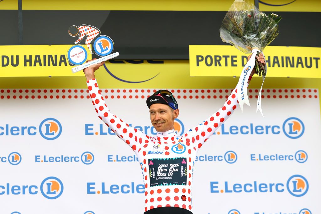 WALLERS FRANCE JULY 06 Magnus Cort Nielsen of Denmark and Team EF Education Easypost Polka Dot Mountain Jersey celebrates at podium during to the 109th Tour de France 2022 Stage 5 a 157km stage from Lille to WallersArenberg TDF2022 WorldTour on July 06 2022 in Wallers France Photo by Michael SteeleGetty Images