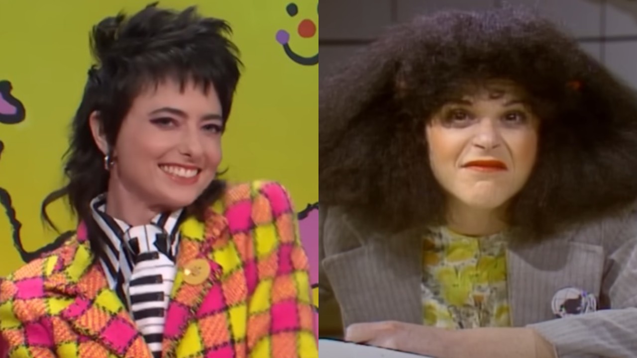 From left to right: Sarah Sherman in a colorful suit on Weekend Update and Gilda Radner as Roseanne Roseannadanna on Weekend Update. 