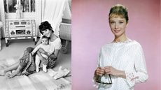 audrey hepburn in her '70s nursery and against a pink background