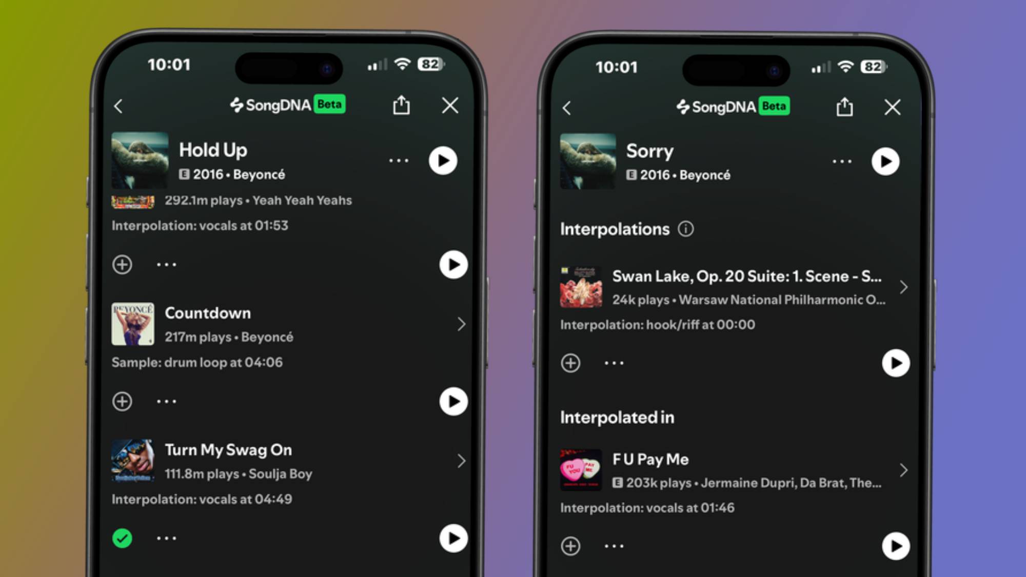 Two iPhones showing samples and interpolations in Spotify SongDNA