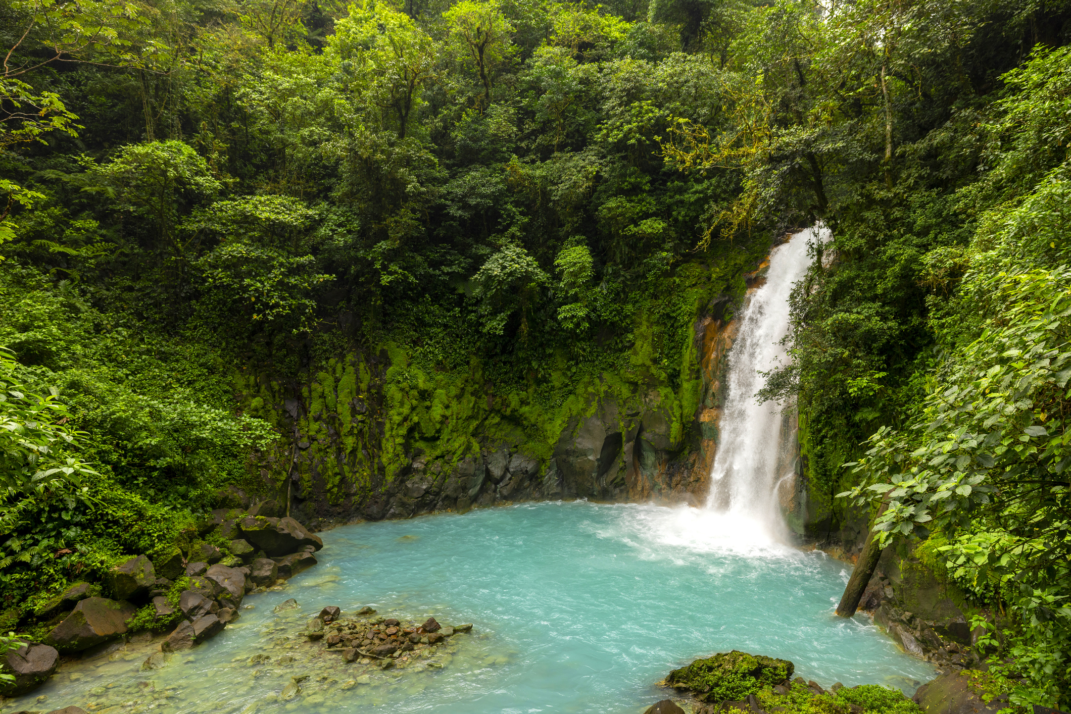 A family looking at Rio Celeste waterfall in Costa Rica