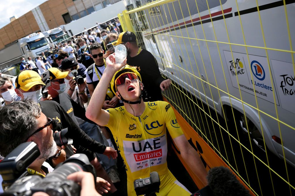 PLATEAU DE BEILLE FRANCE JULY 14 Stage winner Tadej Pogacar of Slovenia and UAE Team Emirates Yellow Leader Jersey reacts after the 111th Tour de France 2024 Stage 15 a 1977km stage from Loudenvielle to Plateau de Beille 1782m UCIWT on July 14 2024 in Plateau de Beille France Photo by Marco Bertorello PoolGetty Images