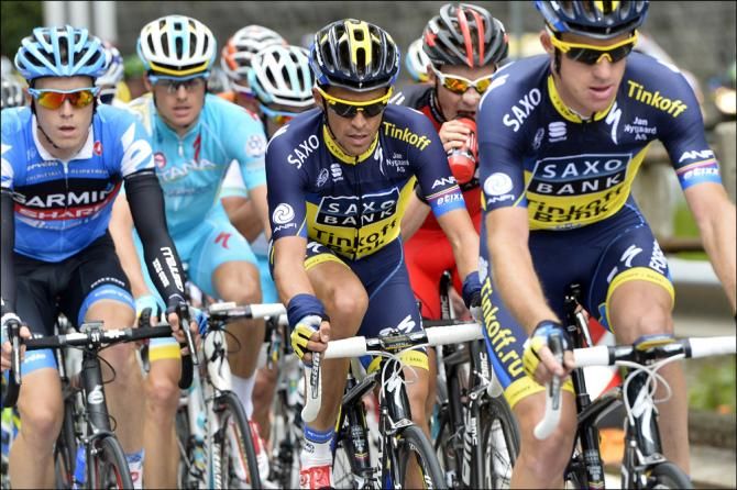 Michael Rogers leads Alberto Contador near the front of the peloton