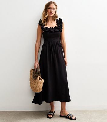 Black Square Neck Ruffled Bow Tie Back Midi Dress