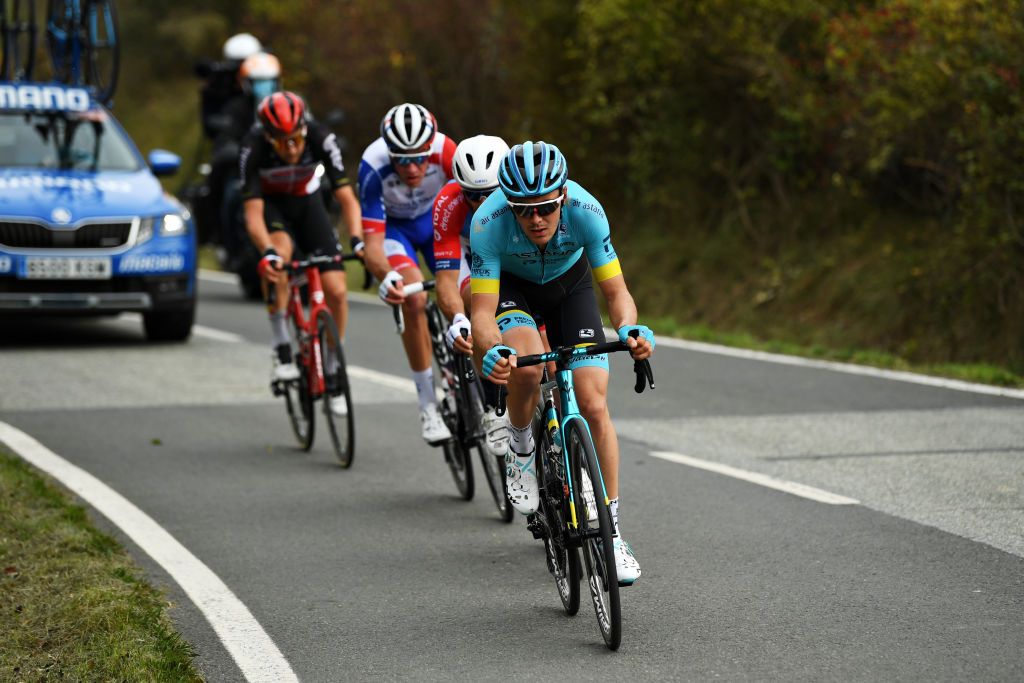 LEKUNBERRI SPAIN OCTOBER 21 Alex Aranburu Deba of Spain and Astana Pro Team Jonathan Hivert of France and Team Total Direct Energie Bruno Armirail of France and Team Groupama FDJ Tim Wellens of Belgium and Team Lotto Soudal Breakaway during the 75th Tour of Spain 2020 Stage 2 a 1516km stage from Pamplona to Lekunberri lavuelta LaVuelta20 La Vuelta on October 21 2020 in Lekunberri Spain Photo by David RamosGetty Images