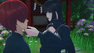 Tales of Seikyu - a woman with dark hair holds the face of a player with red hair