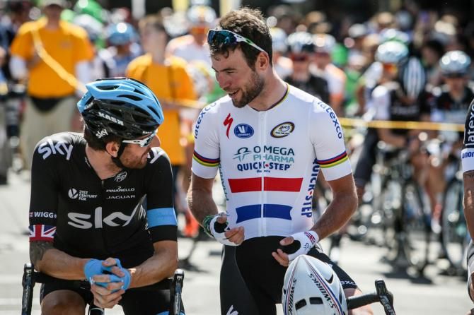 Bradley Wiggins (Sky) and Mark Cavendish (Omega Pharma-Quickstep) have a chat on the start line