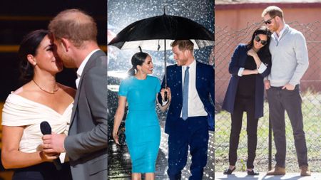 L-R: Harry and Meghan kiss whilst on stage during the Opening Ceremony of the Invictus Games 2020 at Zuiderpark on April 16, 2022 in The Hague, Netherlands, Prince Harry, Duke of Sussex and Meghan, Duchess of Sussex attend The Endeavour Fund Awards at Mansion House on March 05, 2020 in London, England, Prince Harry, Duke of Sussex and Meghan, Duchess of Sussex visit a local secondary school meeting students and teachers on February 24, 2019 in Asni, Morocco