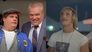 Side by side of Chris Farley and Brian Dennehy in Tommy Boy and Matthew McConaughey in Dazed & Confused.