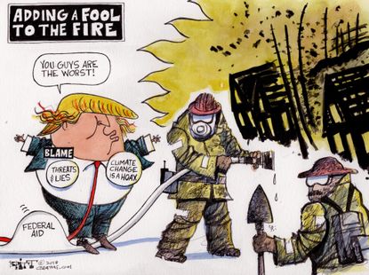 Political cartoon U.S. Trump California fires blame threats lies climate change hoax