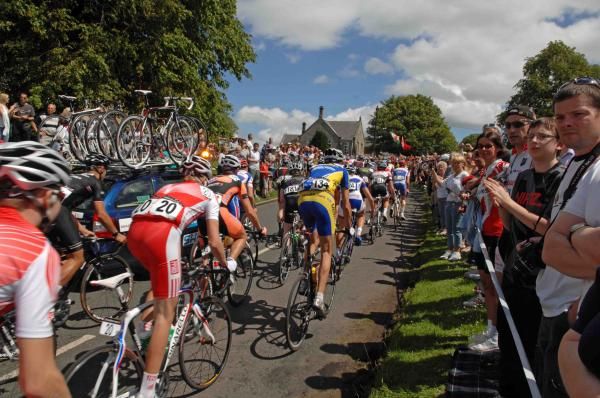 Big crowds line the route as the British national road race heads out of Stamfordham