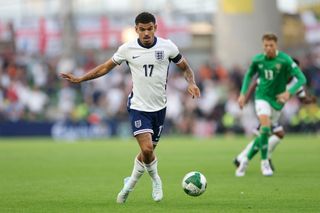 DUBLIN, IRELAND - SEPTEMBER 07: Morgan Gibbs-White of England runs with the ball during the UEFA Nations League 2024/25 League B Group B2 match between Republic of Ireland and England at Aviva Stadium on September 07, 2024 in Dublin, Ireland. (Photo by Carl Recine/Getty Images)