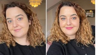 Two images of beauty editor Rhiannon Derbyshire's Huda foundation review, one with just the base, and one with a full face of makeup