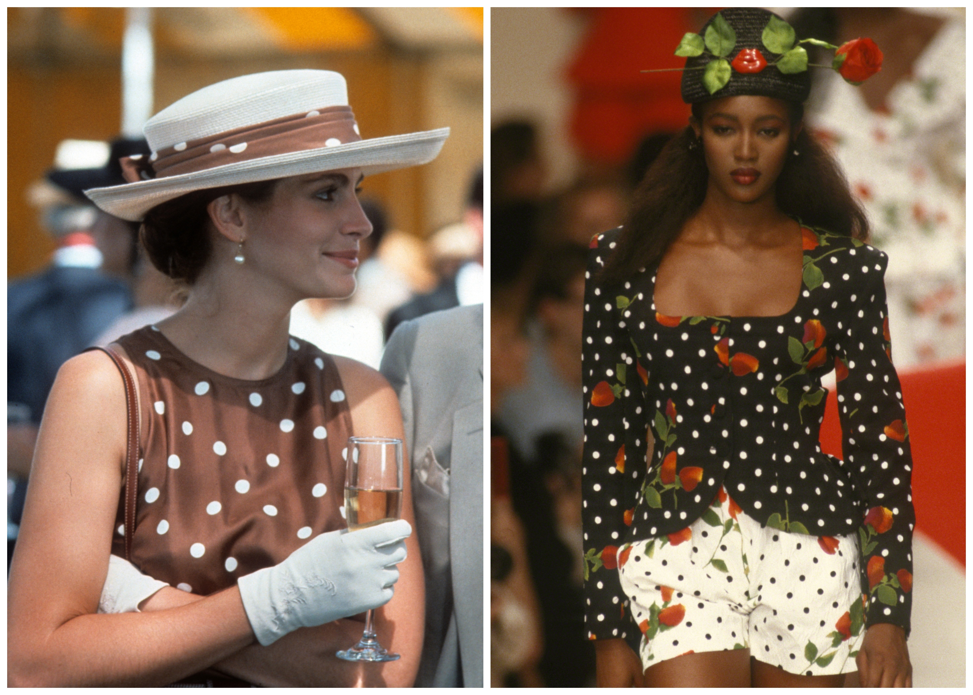 Julia Roberts wearing a brown polka dot dress in 'Pretty Woman,' Naomi Campbell wearing a polka dot outfit on Patrick Kelly’s Spring 1989 runway