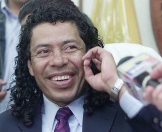 René Higuita speaks in a press conference in Quito in November 2004 after being dismissed from his club Aucas for failing a drugs test.