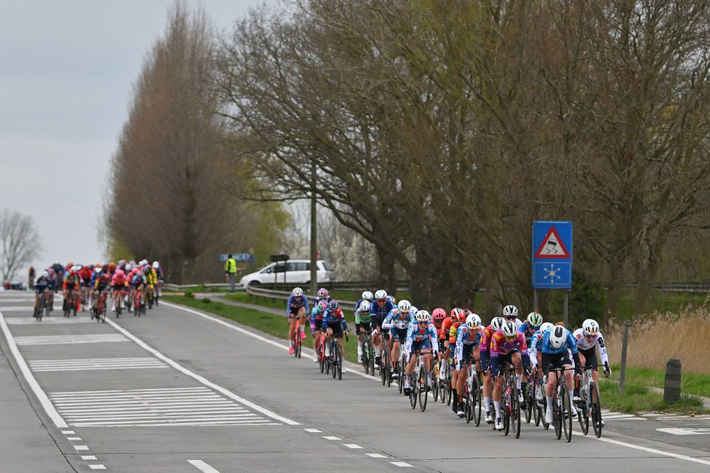 WEVELGEM BELGIUM MARCH 24 LR Puck Pieterse of The Netherlands and Team FenixDeceuninck UCI Womens WorldTour young blue jersey Lorena Wiebes of The Netherlands and Team SD WorxProtime Pfeiffer Georgi of Great Britain and Team DsmFirmenich Postnl Lotte Kopecky of Belgium and Team SD WorxProtime competes during the 13rd GentWevelgem in Flanders Fields 2024 Womens Elite a 1712km one day race from Ieper to Wevelgem UCIWWT on March 24 2024 in Wevelgem Belgium Photo by Luc ClaessenGetty Images