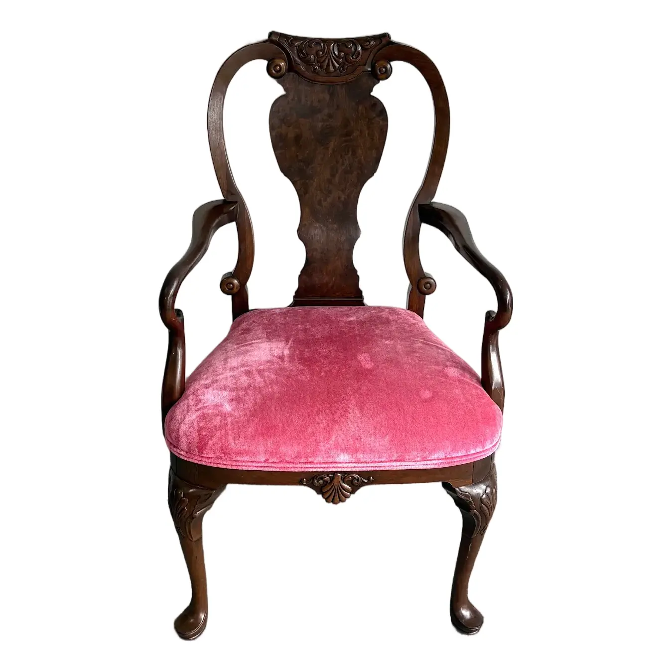 Object Biographies, LLC, Antique Burlwood Side Chair W/ Pink Velvet Seat