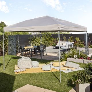 Foldable gazebo covers outdoor living space