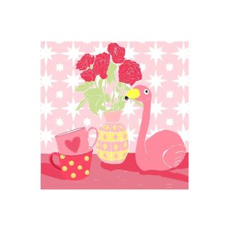 A pink art print with a vase, flamingo, and mugs