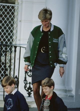 Princess Diana wearing a varsity jacket