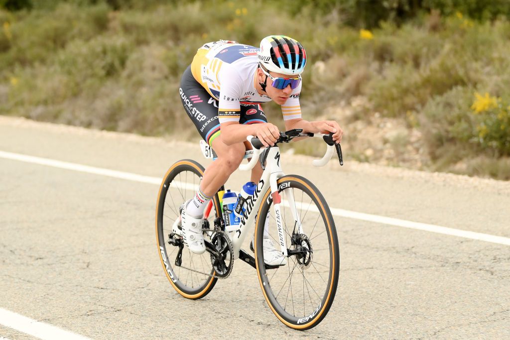 LO PORT SPAIN MARCH 24 Remco Evenepoel of Belgium and Team Soudal QuickStep Yellow best young jersey competes during the 102nd Volta Ciclista a Catalunya 2023 Stage 5 a 1766km stage from Tortosa to Lo Port Mirador del Portell 1033m UCIWT on March 24 2023 in Lo Port Spain Photo by David RamosGetty Images