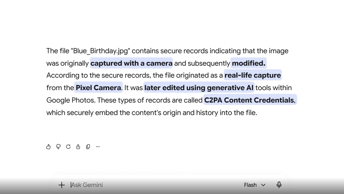 A Gemini readout of it explaining how an image has been edited by AI.