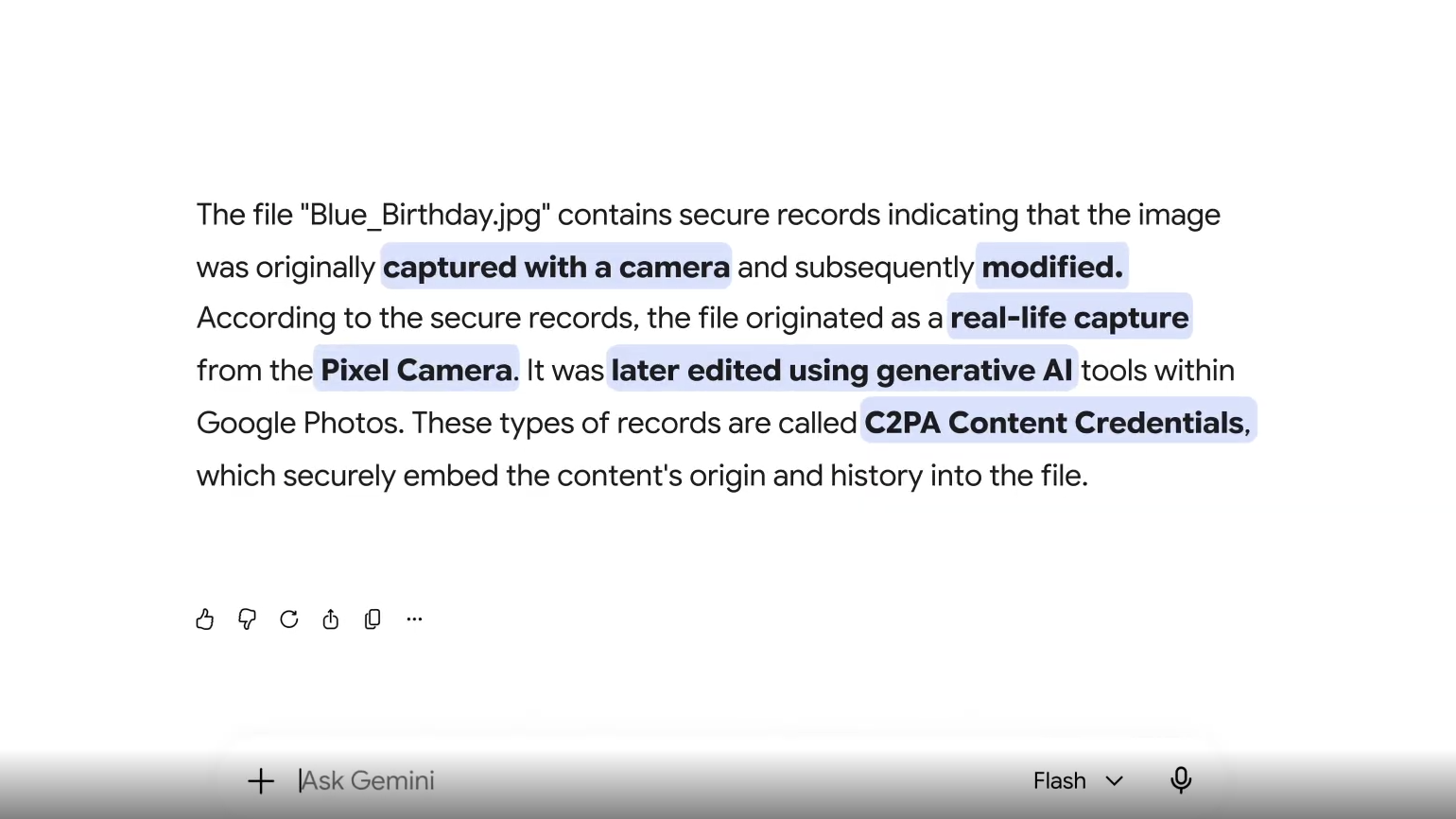 A Gemini readout of it explaining how an image has been edited by AI.