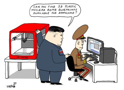Political cartoon U.S. 3D printed guns Kim Jong Un nuclear bomb blueprint