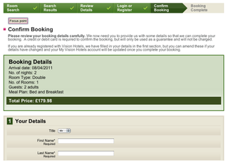 Booking form for Vision Hotels
