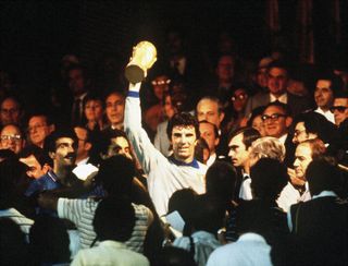 Italy captain Dino Zoff holds up the World Cup trophy after victory over West Germany in the 1982 final.