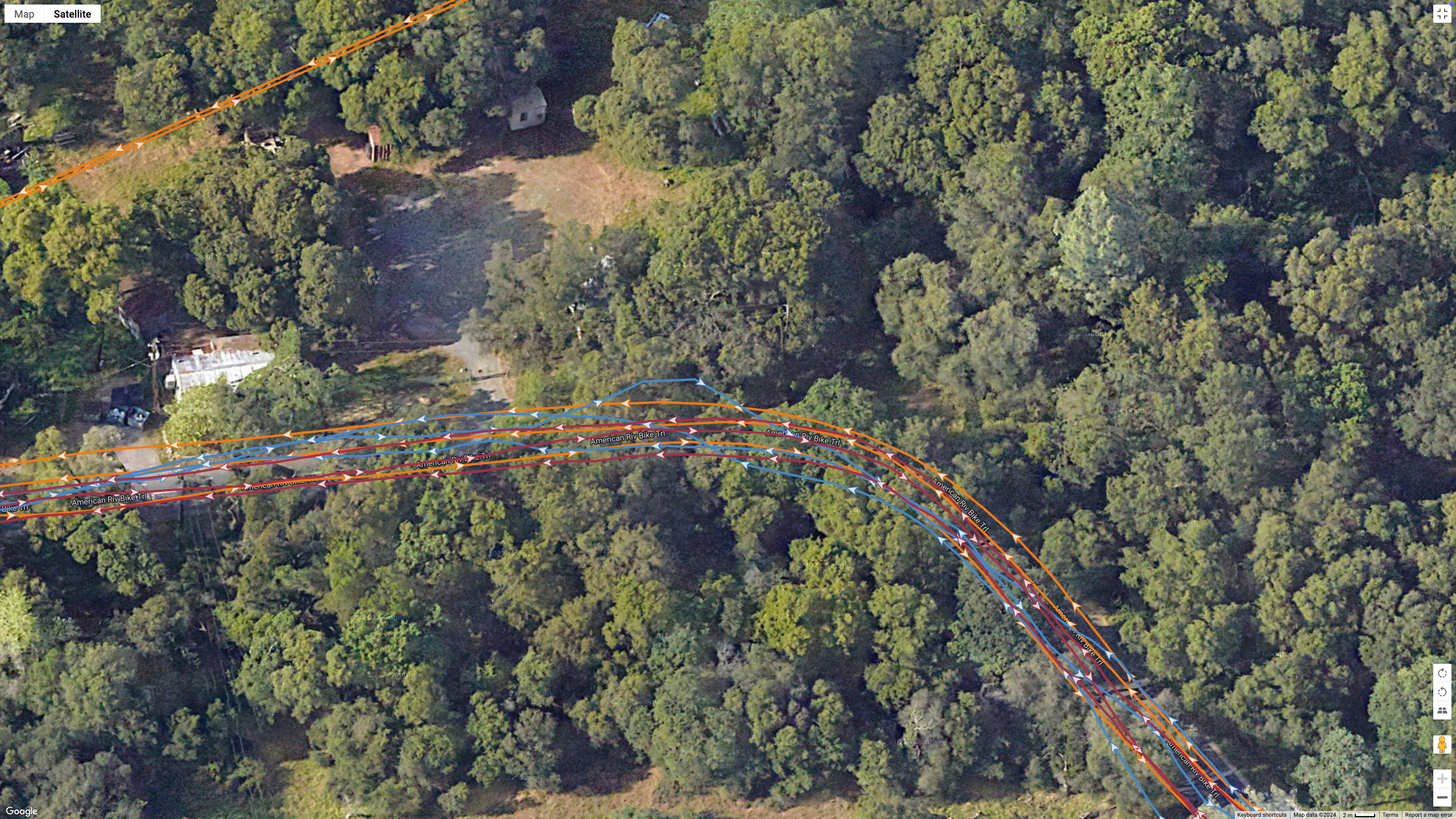 A GPS map showing how the Garmin Fenix 8 (red line), COROS PACE Pro (orange), and Google Pixel Watch 3 (blue) compare for location accuracy during a 20-mile run.