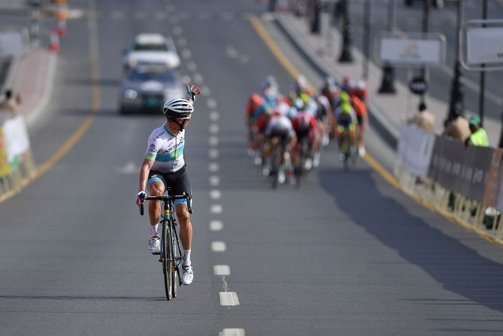 Alexey Lutsenko (Astana) looks back before winning stage 2 at the Tour of Oman
