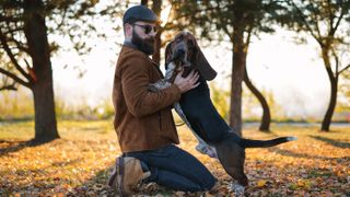 Basset hound jumping on man in park