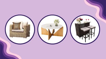 Way Day sale picks on a purple background, including a wicker outdoor chair, an indoor coffee table with wood and a marble top, and an outdoor wicker bar