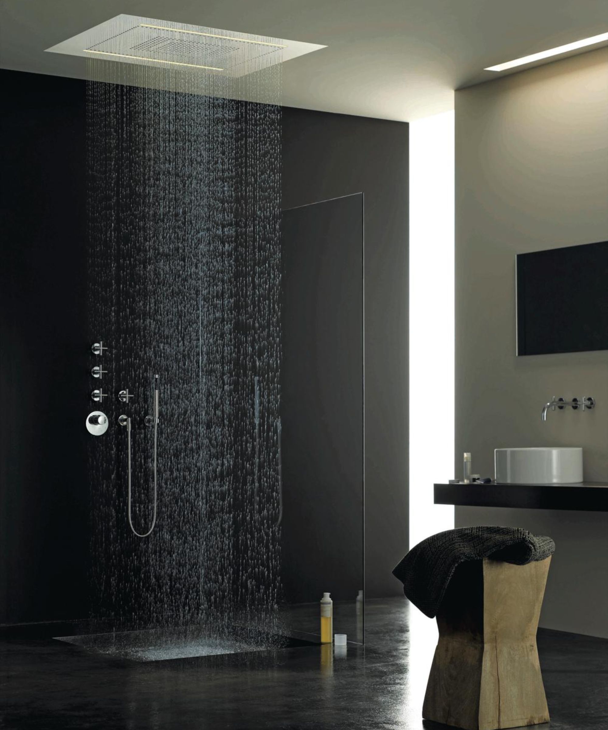 Black shower room, light shower head