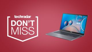 Asus VivoBook 15 laptop on a red background next to techradar deals don't miss badge