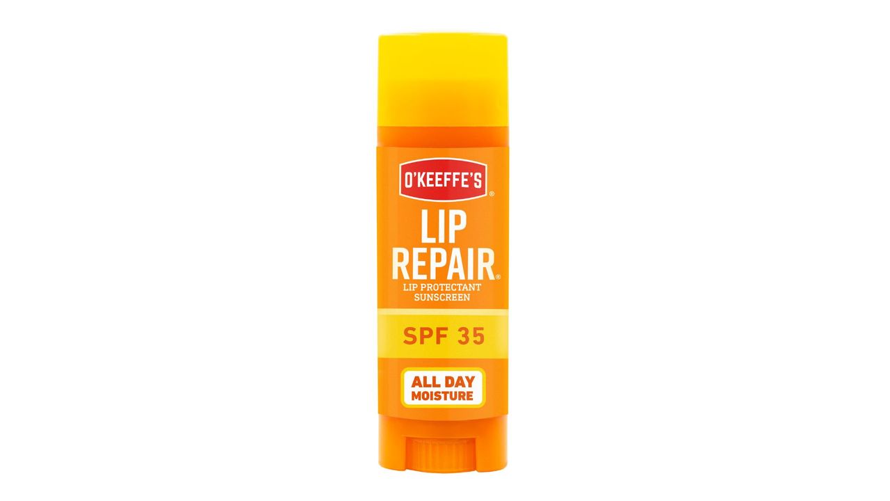 O'Keeffe's Lip Repair SPF 35 in an orange capped bottle that's one of the best SPF lip balms.