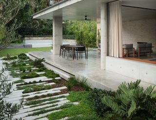 A backyard with mulch placed between the plants and pathway