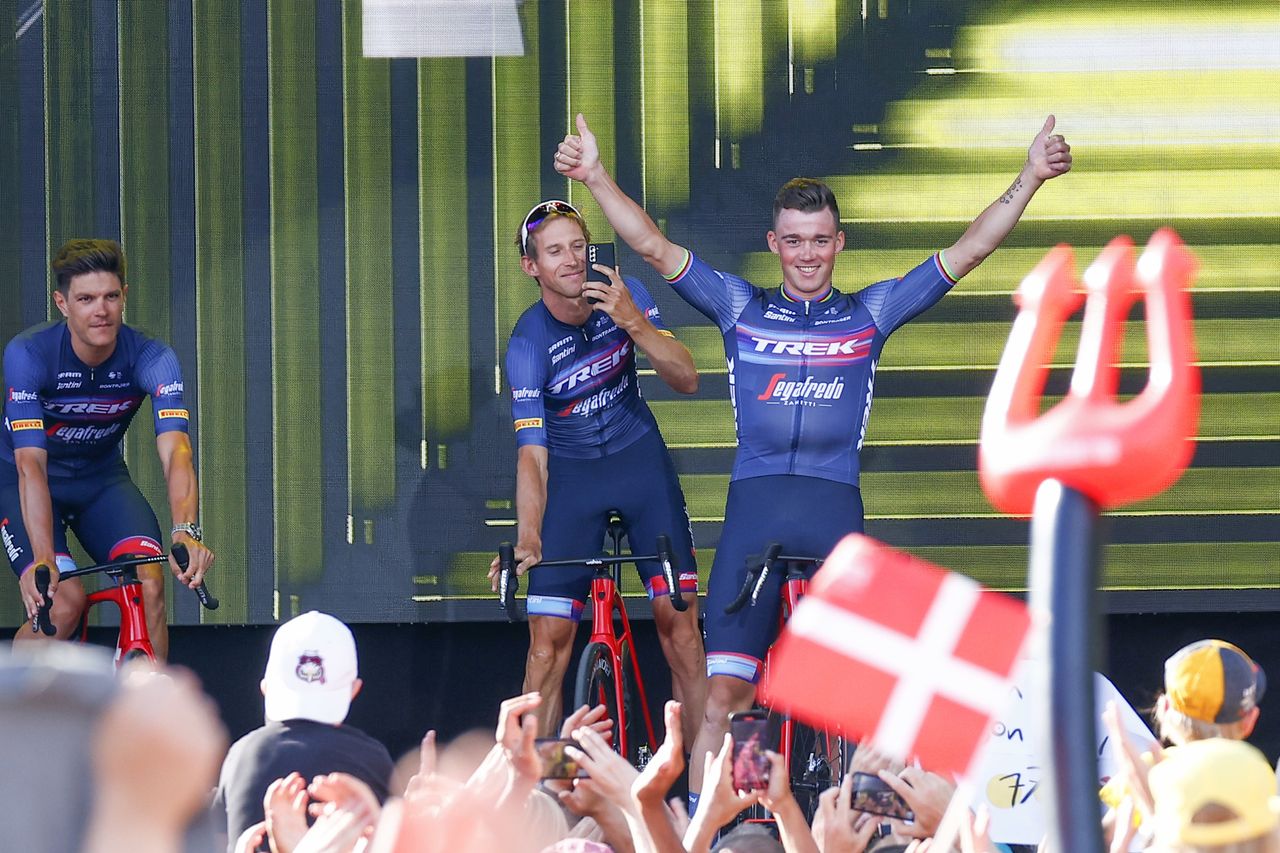 Tour de France 2022 109th Edition Teams Presentation Copenhagen 29062022 Mads Pedersen DEN Trek Segafredo Bauke Mollema NED Trek Segafredo photo Luca BettiniSprintCyclingAgency2022