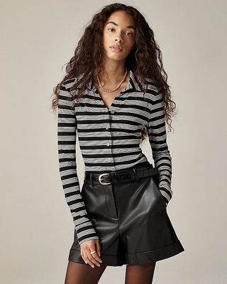 Long-Sleeve Button-Up Top in Striped Refined Rib