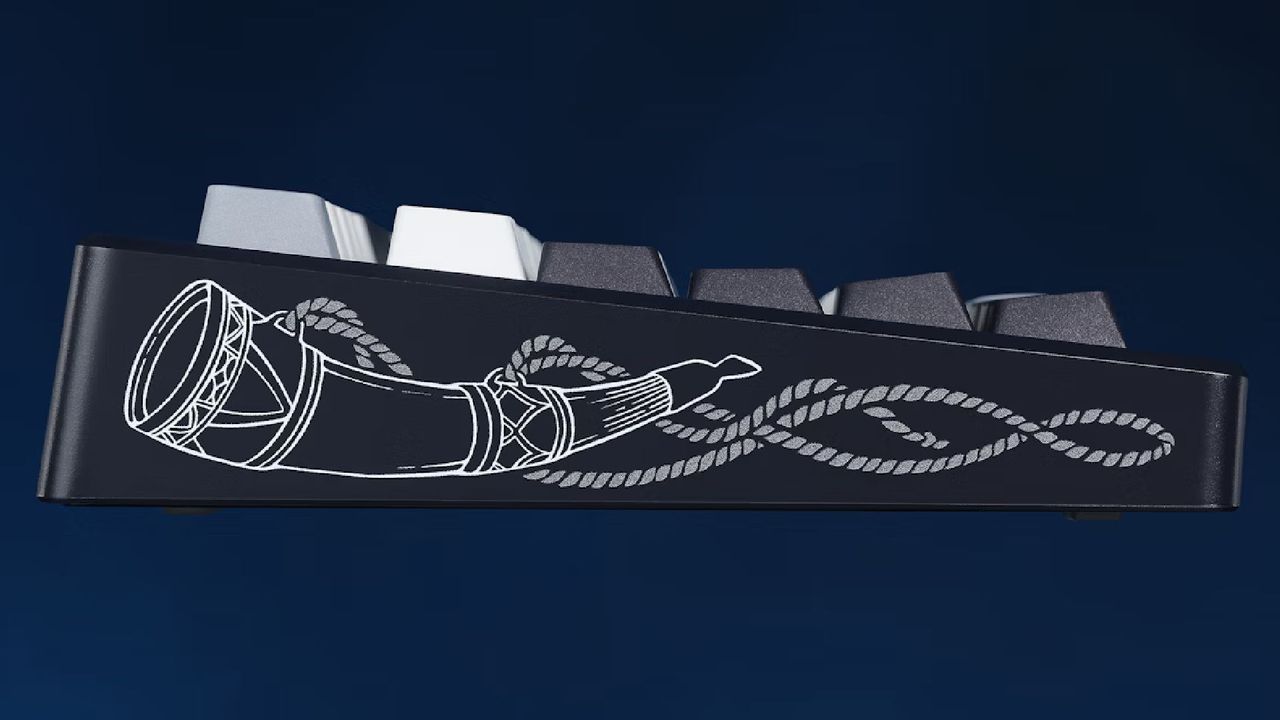 A side view of the Drop + Lord of the Rings Gondor CSTM80 keyboard showing a graphic of the horn of Gondor.