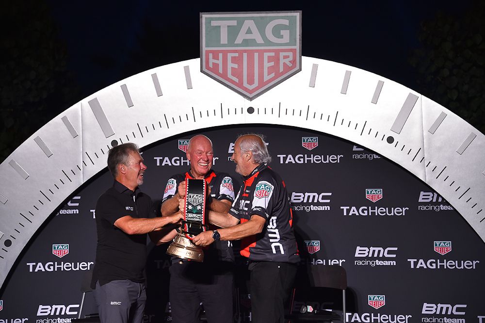 Jim Ochowicz, Jean-Claude Biver and Andy Rhis ring the bell on the new partnership
